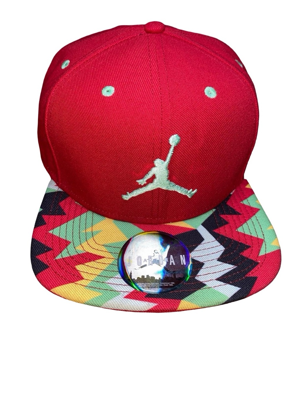 Nike Air Jordan 7 Retro Snapback Hat Red Multicolor Geometric Pattern Flat Brim